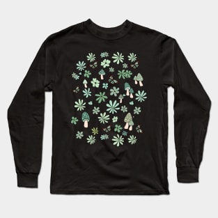 Light Green and Sage Flowers Butterflies and Mushrooms Cottagecore Aesthetic Long Sleeve T-Shirt